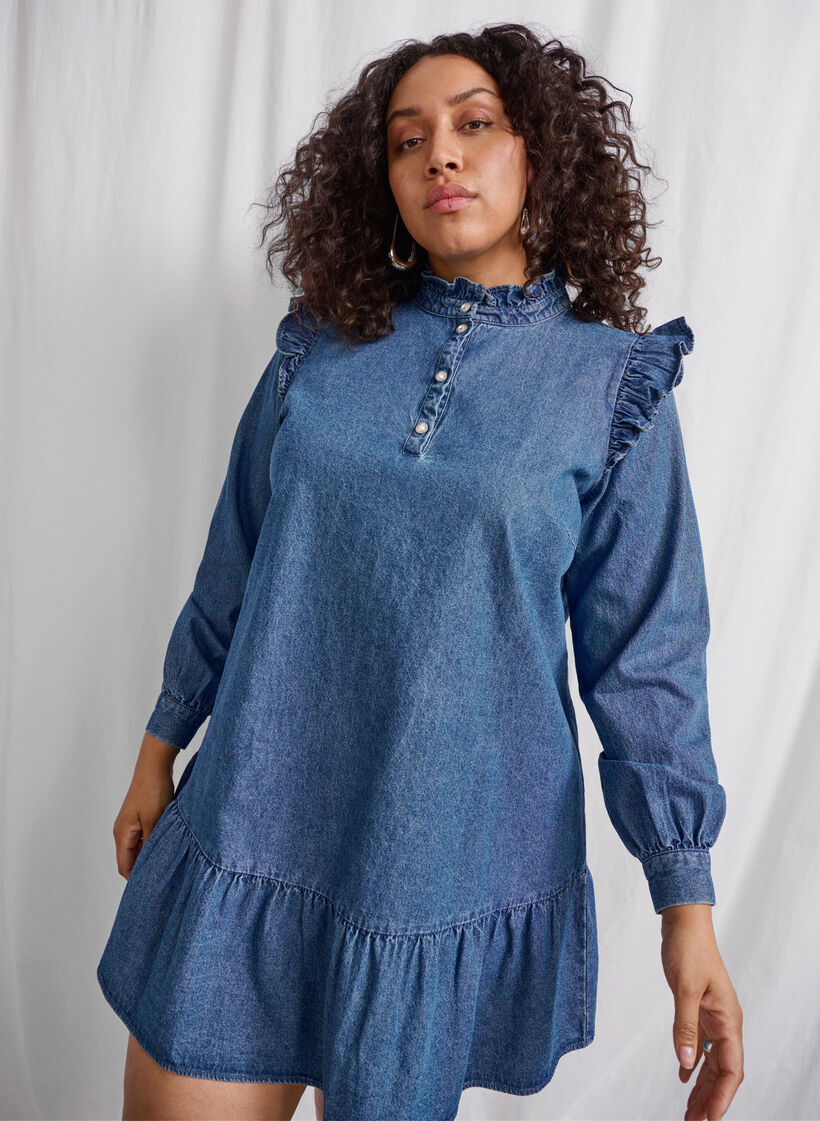 Denim dress with ruffles and A-cut, Blue Denim, Image