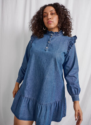 Zizzifashion Denim dress with ruffles and A-cut, Blue Denim, Image image number 0