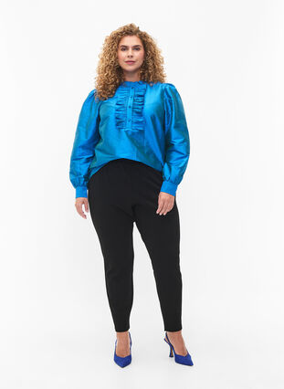 Zizzifashion Shiny shirt blouse with ruffles, Diva Blue, Model image number 2