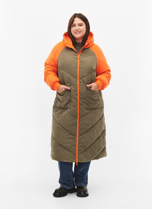 Zizzifashion Long colorblock winter jacket with hood, Bungee Cord Comb, Model image number 3