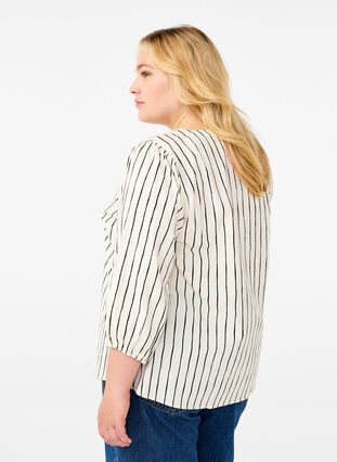 Zizzifashion 3/4 sleeve cotton blouse with print, Eggnog Black Stripe, Model image number 1