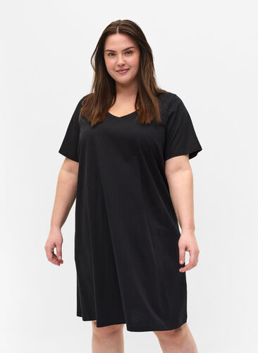 Zizzifashion Short-sleeved cotton dress with a-shape, Black, Model image number 0