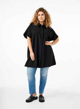 Zizzifashion Long viscose shirt with short sleeves, Black, Model image number 2