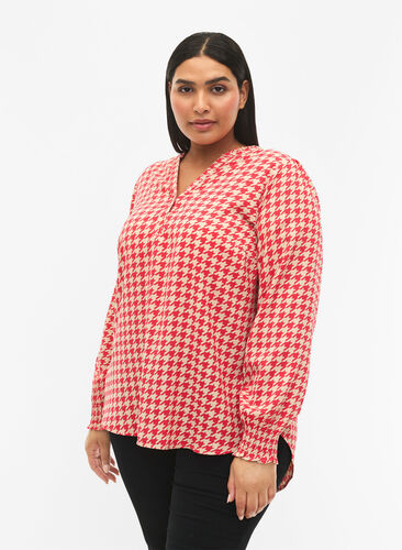 Zizzifashion Blouse with smock and v-neckline, Raspb. Houndsthooth, Model image number 0