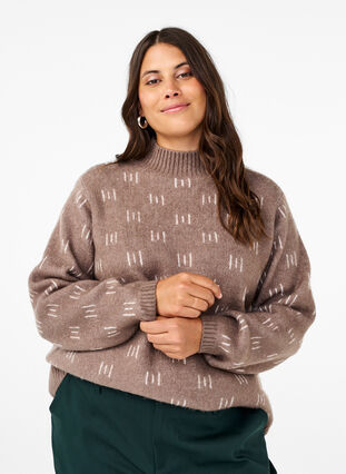 Zizzifashion Knitted blouse with pattern and high neck, Walnut Mel. Comb, Model image number 0