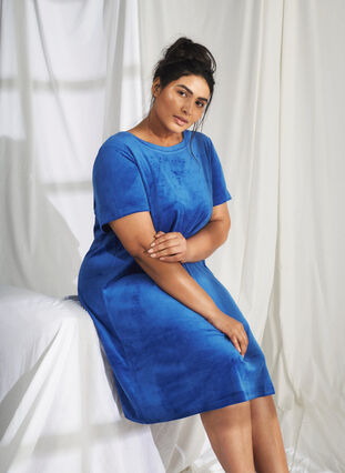 Zizzifashion Short sleeved velour dress with round neckline	, Monaco Blue, Image image number 0