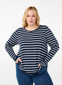 Long-sleeved blouse with stripes, Evening Blue Stripe, Model