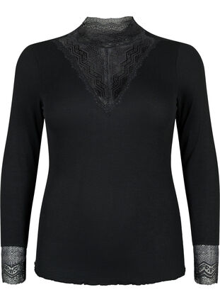 Zizzifashion Ribbed viscose blouse with lace, Black, Packshot image number 0