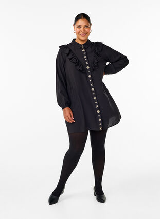 Zizzifashion Shirt dress with ruffles and embroidery, Black, Model image number 3