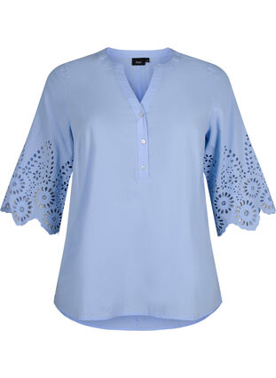 Zizzifashion Shirt blouse with broderie anglaise and 3/4 sleeves, Serenity, Packshot image number 0