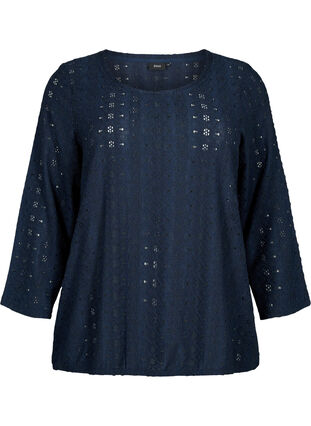 Zizzifashion Blouse with broderie anglaise and 7/8 sleeves, Navy Blazer, Packshot image number 0