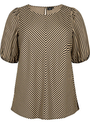 Zizzifashion Viscose blouse with striped print and 1/2 sleeves, Coriander/Bl. Stripe, Packshot image number 0