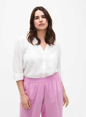 Zizzifashion Shirt blouse with button closure in cotton-linen blend, Bright White, Model image number 0