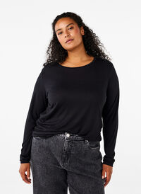 Long-sleeved blouse in wool and viscose, Black, Model