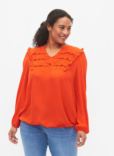 Zizzifashion Long-sleeved blouse with frilled details (GRS), Orange.com, Model image number 0