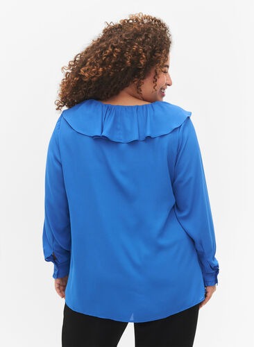 Zizzifashion Long sleeve ruffle blouse, Strong Blue, Model image number 1