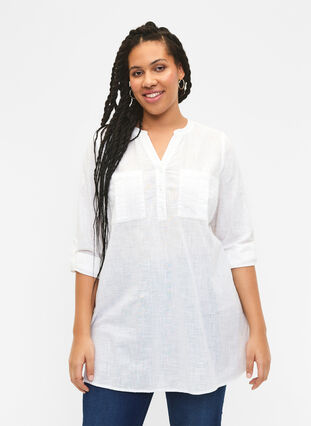 Zizzifashion Tunic in cotton with 3/4 sleeves, Bright White, Model image number 0