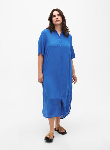 Zizzifashion Viscose shirt dress with short sleeves, Victoria blue, Model image number 0