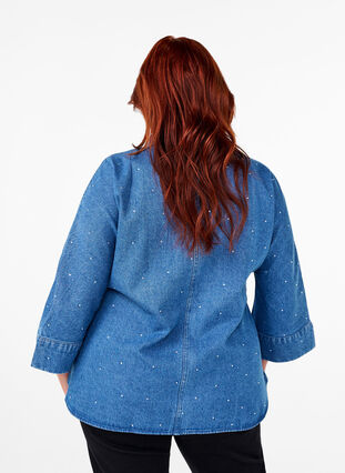 Zizzifashion Denim shirt with rhinestones and 3/4 sleeves, Bl. Denim Rhinestone, Model image number 1