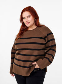 Striped knitted blouse with round neck, Carafe w. black , Model