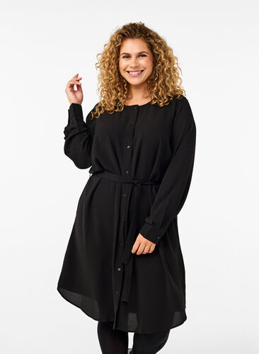 Zizzifashion Long-sleeved dress with tie string, Black, Model image number 0