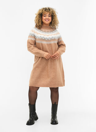 Zizzifashion Patterned knitted dress with long sleeves, Chipmunk Mel. Comb, Model image number 2