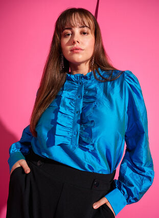 Zizzifashion Shiny shirt blouse with ruffles, Diva Blue, Image image number 0