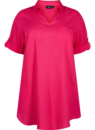 Zizzifashion Short-sleeved cotton blend tunic with linen, Bright Rose, Packshot image number 0