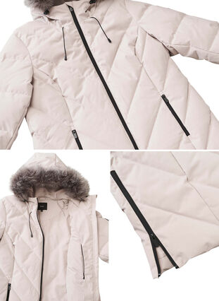 Zizzifashion Long winter jacket with hood and faux fur collar, Simply Taupe, Packshot image number 4