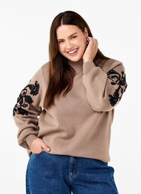 Knitted blouse with embroidery, Desert Taupe Comb, Model