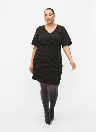 Zizzifashion Short-sleeved dress with textured fabric and drapes, Black, Model image number 3