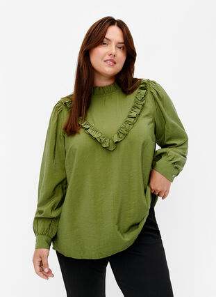 Zizzifashion Viscose blouse with frills, Loden Green, Model image number 0