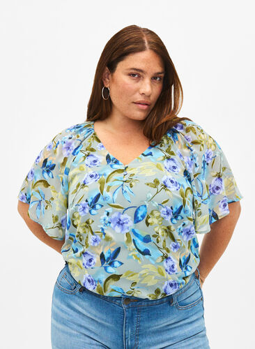 Zizzifashion Floral party blouse with short sleeves, Wrought Iron AOP, Model image number 0