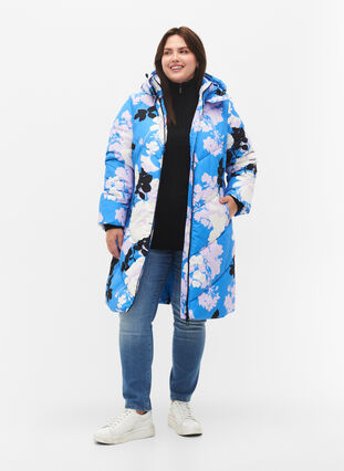 Long winter jacket with a floral print, French Blue Comb, Model image number 2