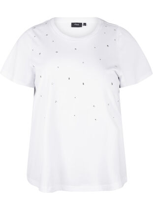 Zizzifashion Cotton T-shirt with rhinestones, Bright White, Packshot image number 0