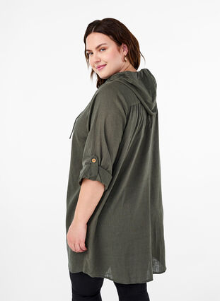 Zizzifashion Hooded tunic in cotton and linen, Thyme, Model image number 1