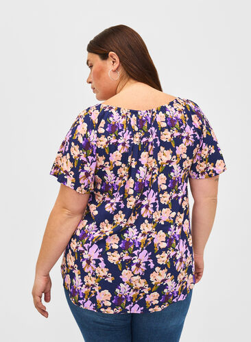 Zizzifashion Floral viscose blouse with short sleeves, Small Flower AOP, Model image number 1