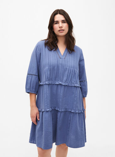 Zizzifashion 3/4 sleeve cotton dress with ruffles, Moonlight Blue, Model image number 0