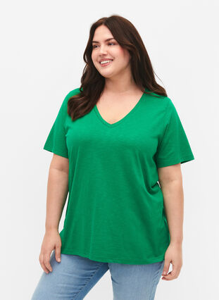 Zizzifashion Short sleeve basic t-shirt with v-neck, Jolly Green, Model image number 0