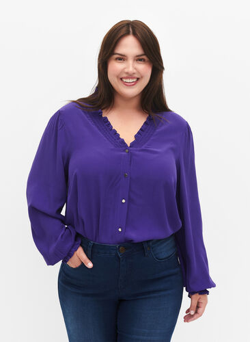 Zizzifashion Long-sleeved shirt blouse in viscose, Heliotrope, Model image number 0