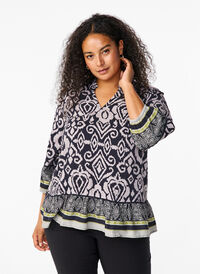 Blouse with print and 3/4 sleeves, Black AOP, Model