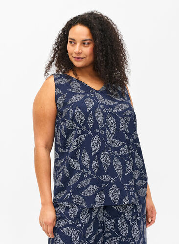 Zizzifashion Printed top with V-neck, Navy B. w. Dot Leaf, Model image number 0