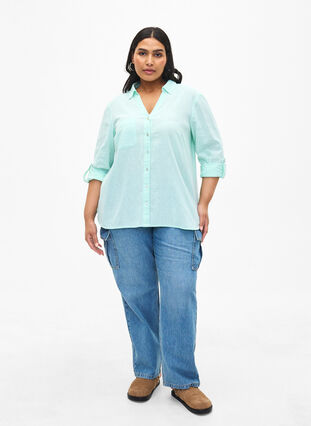 Zizzifashion Shirt blouse with button closure in cotton-linen blend, Brook Green, Model image number 2