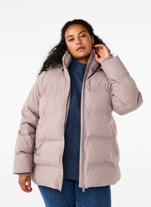 Zizzifashion Short puffer jacket with hood, Driftwood, Model image number 0