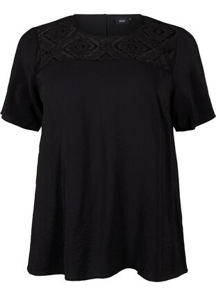 Zizzifashion Short-sleeved viscose blouse with lace detail, Black, Packshot image number 0