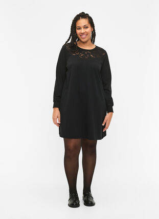 Zizzifashion Sweat dress with lace, Black, Model image number 2