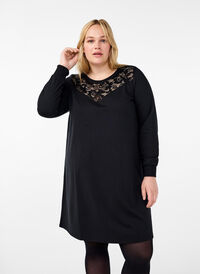 Short sweat dress with lace detail, Black, Model