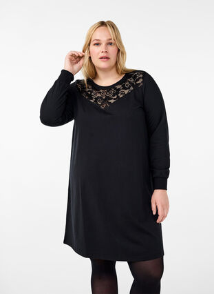 Zizzifashion Short sweat dress with lace detail, Black, Model image number 0