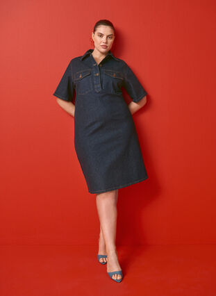 Zizzifashion Denim dress with short sleeves and chest pockets, Dark Blue Denim, Image image number 0