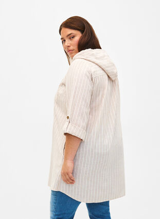 Zizzifashion Hooded tunic in cotton and linen, Wh. Sandshell Stripe, Model image number 1